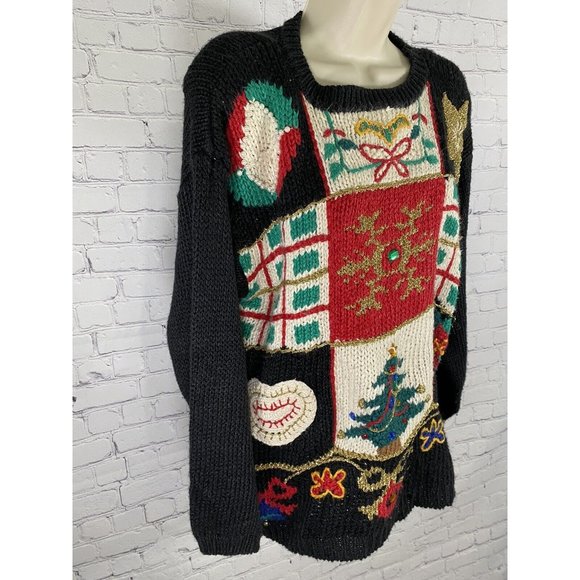 Cabin Creek Chunky Knit Christmas Tree Shoulder Pad Jingle Bell Beaded Sweater L - Picture 2 of 9